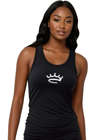 Woman wearing a black tank top with a white crown logo on a white background