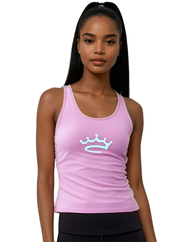 Woman wearing a pink tank top with a light blue crown logo on a white background