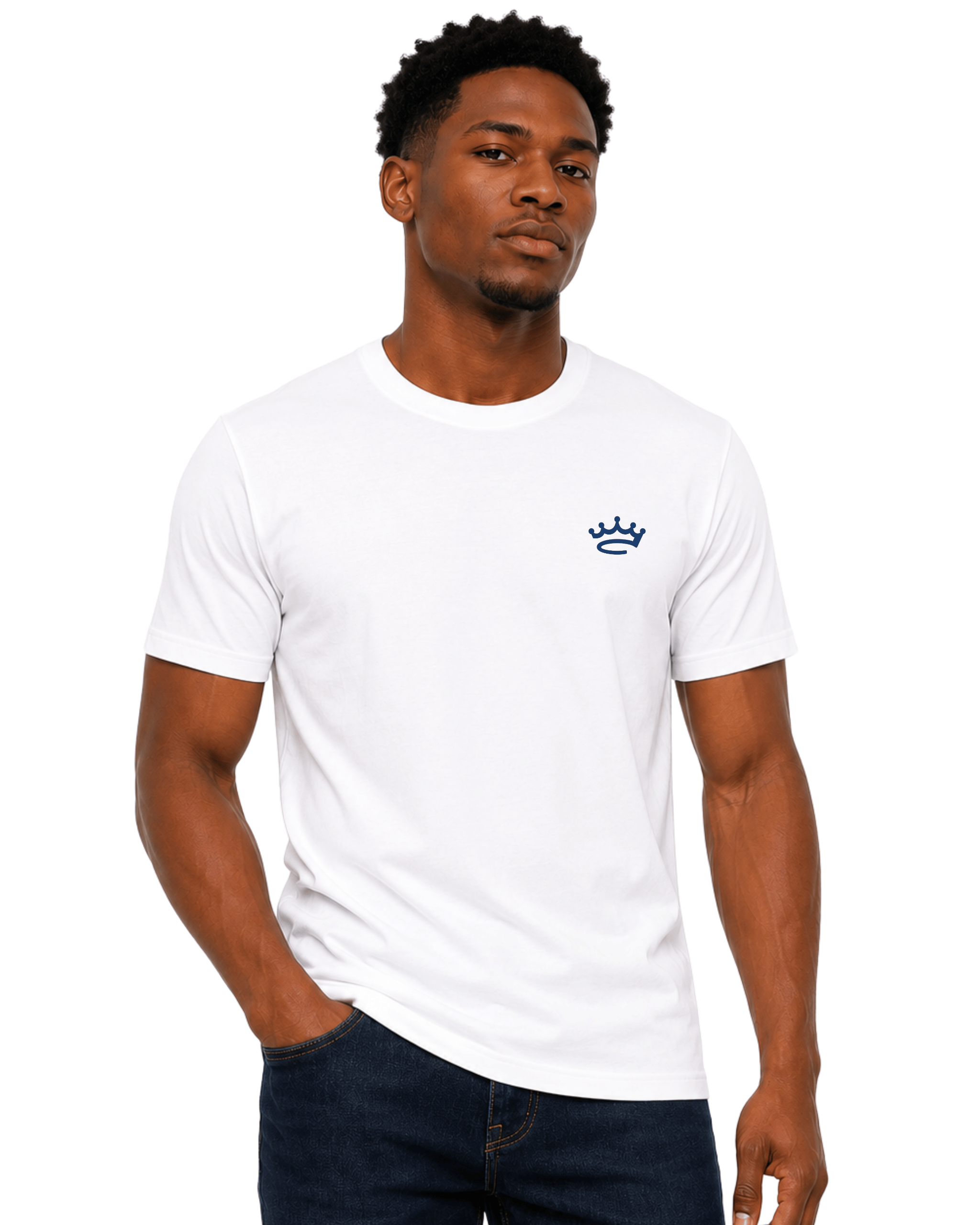 Man wearing a white t-shirt with a blue logo on a white background