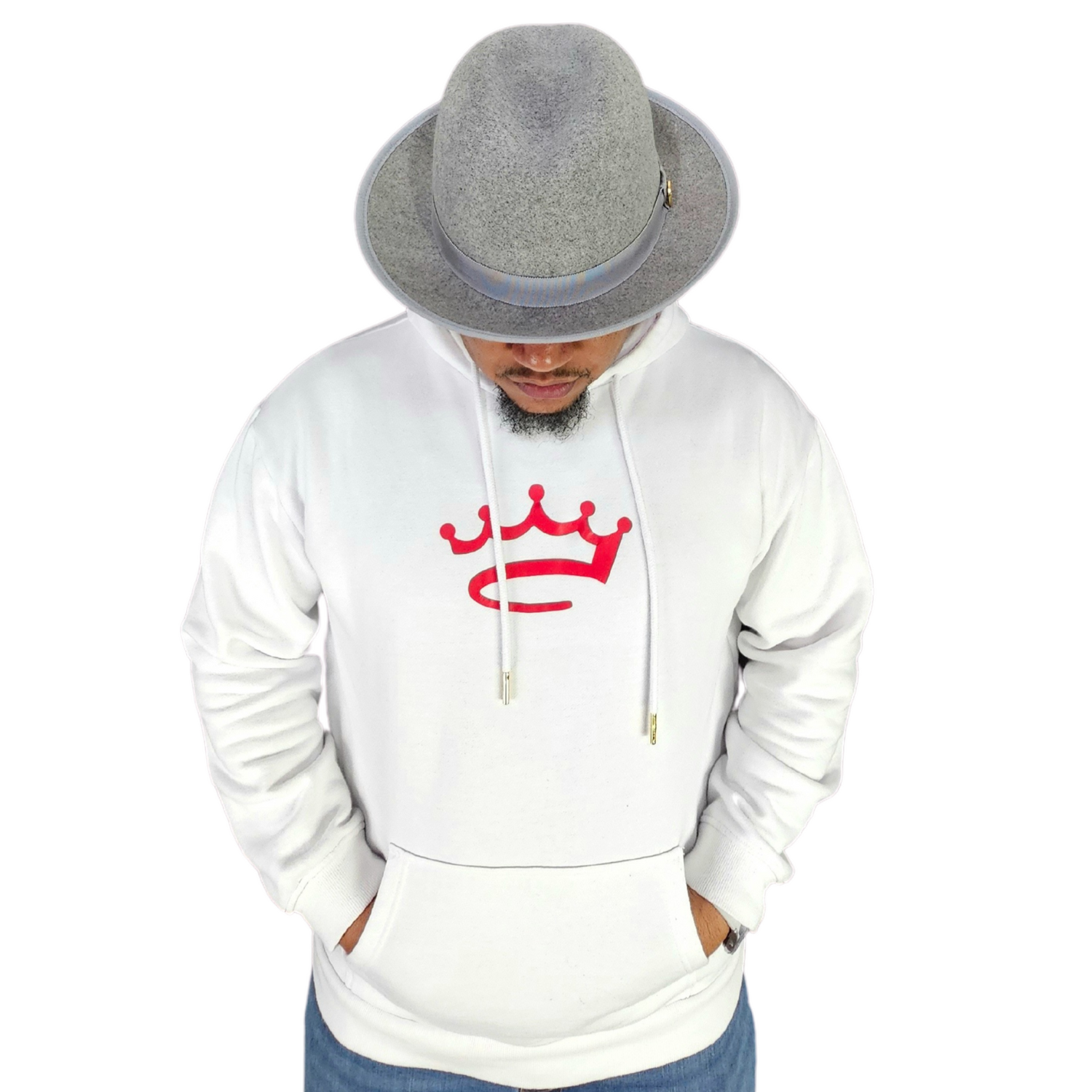 mens hoodie white red crowned brand logo