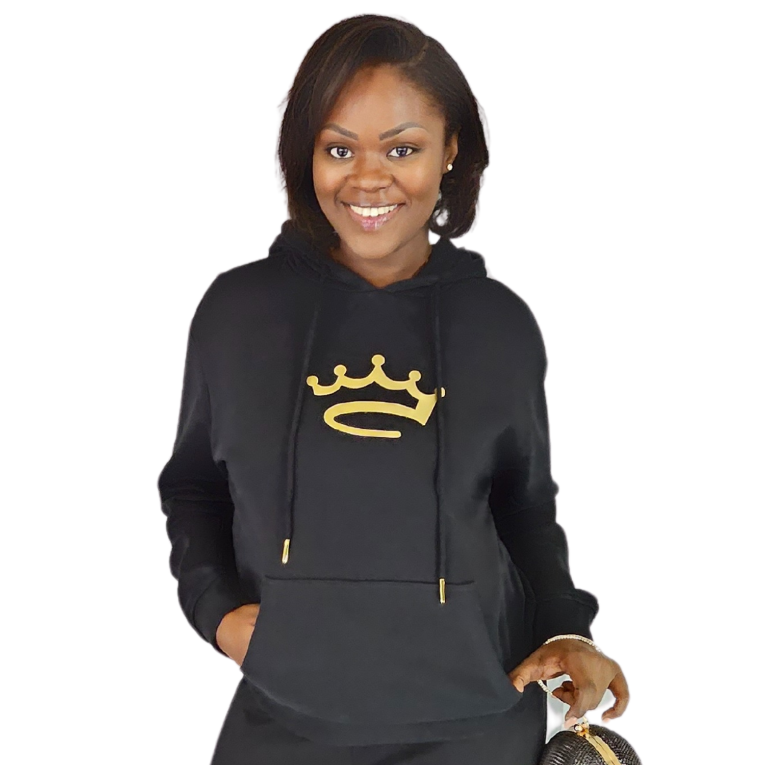 women hoodie black gold crowned brand logo